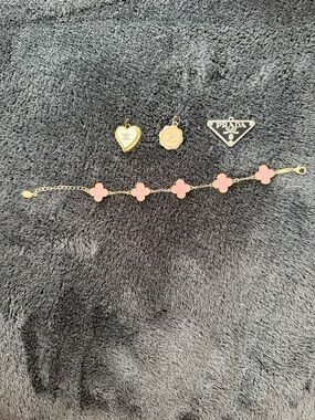 Pink Clover Motif Gold Bracelet with Designer Charms
